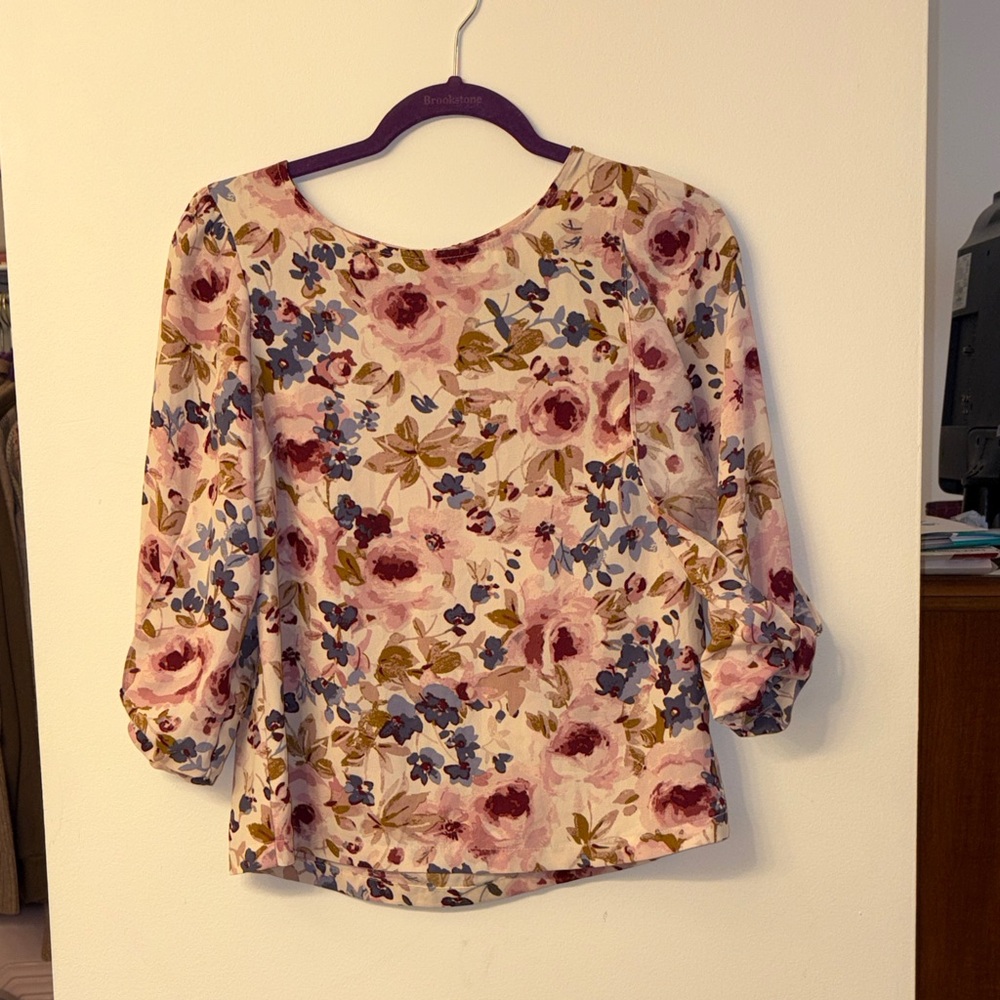LC Lauren Conrad Pink and Blue Floral Blouse